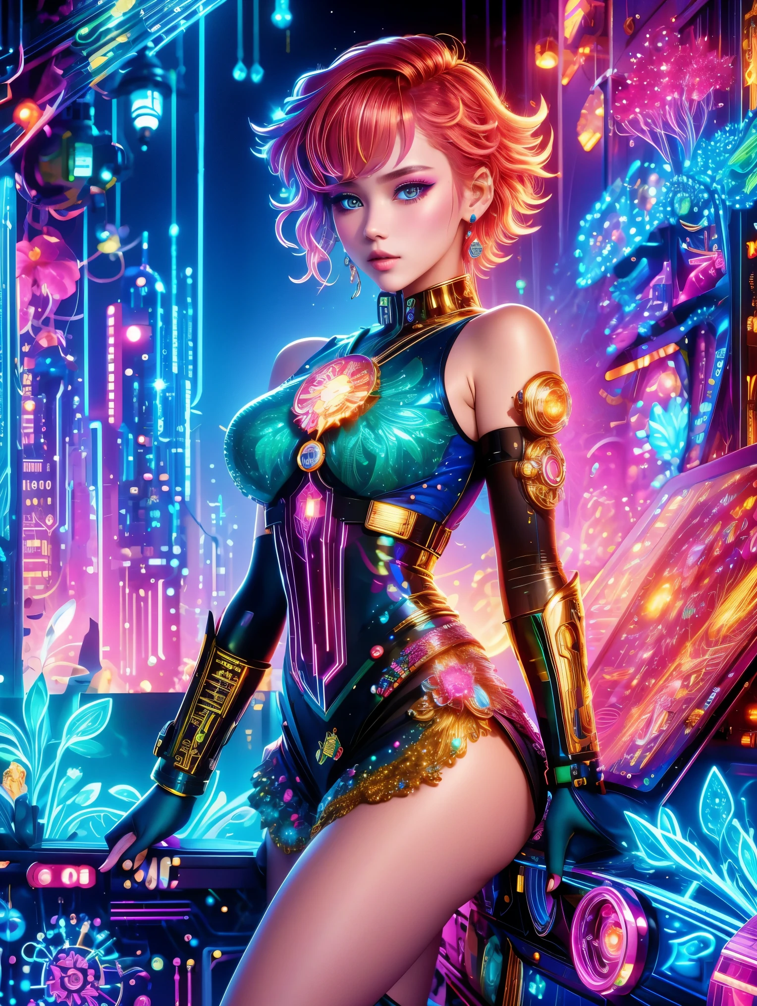 (néon)，circuit imprimé，(1fille:1.3)，(Belle fille:1.2)，(Combat de Sailor Moon)，(cheveux courts roux en désordre)，kaléidoscope，(cyberpunk)，Steampunk，Dieselpunk et clockpunk，kaléidoscope采用热粉色，(Fabriqué en plaqué or brillant et plaqué argent brillant)，Pierre précieuse de couleur étincelante cassée Art mixte，art mixte，art fractal，art zentangle，art de conception，Merveilleux et mystérieux，Images du monde fantastique，Un style visuel diversifié qui intègre une variété d’éléments artistiques，Comprend des pastels arc-en-ciel scintillants et des couleurs vives，Meilleure qualité，très bien，8k，absurde，extrêmement détaillé