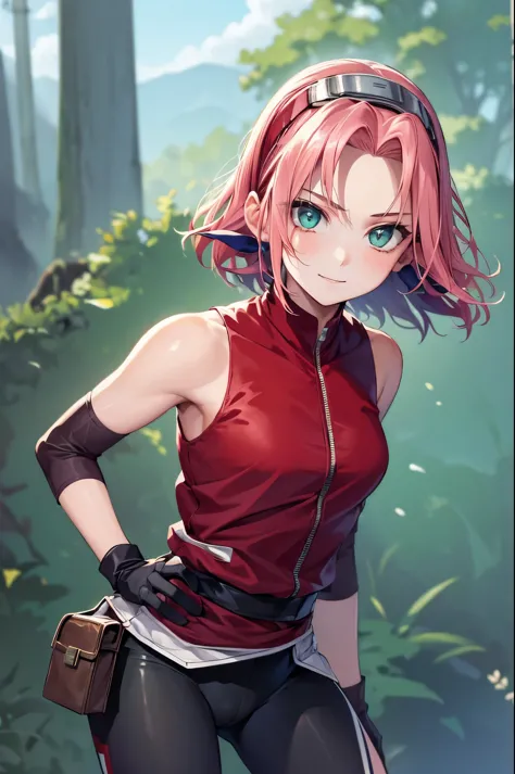 (masterpiece, best quality:1.2), expressive eyes, perfect face, highres, 1girl, solo, harunoshipp, hairband, forehead protector, sleeveless shirt, gloves, bike shorts, red blouse, black shorts, badass stance, slight smile, standing, upper body, looking at ...