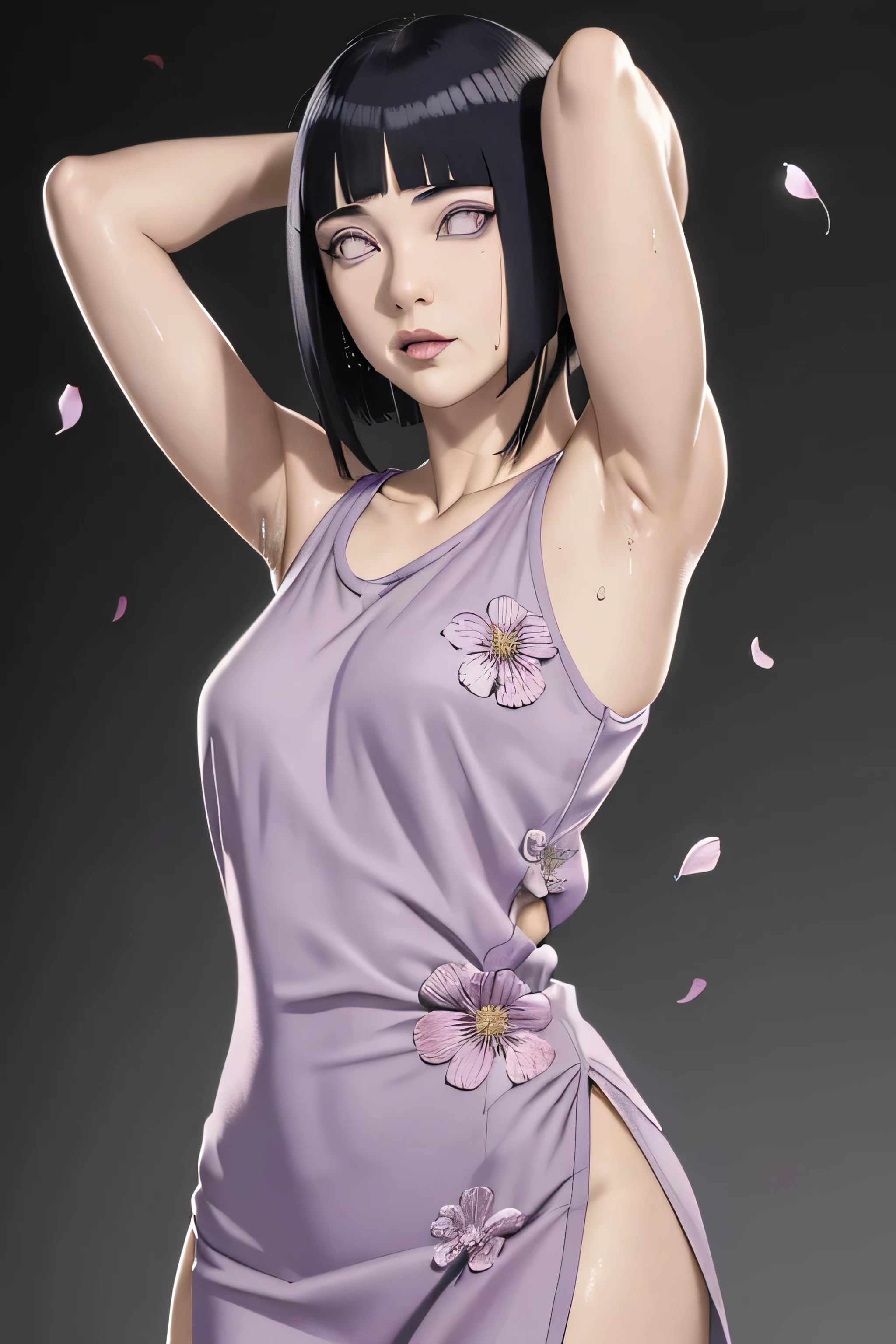 obra maestra, absurdos, Hinata\(boruto\), 1 chica, Solo,mujer madura, vestido floral sin hombro, looking at the petals by viewelling), perfect composition, detallado lips, pecho grande, Hermoso rostro, body proportion, rubor, (Labios rosados), pelo largo,  ojos morados,  mirada suave,  super realistic, detallado, Photoshoot, cara y cuerpo realistas, sexual expression, seductive expression, mqmf, showing armpits,sweaty,sweaty body,sweaty armpits.