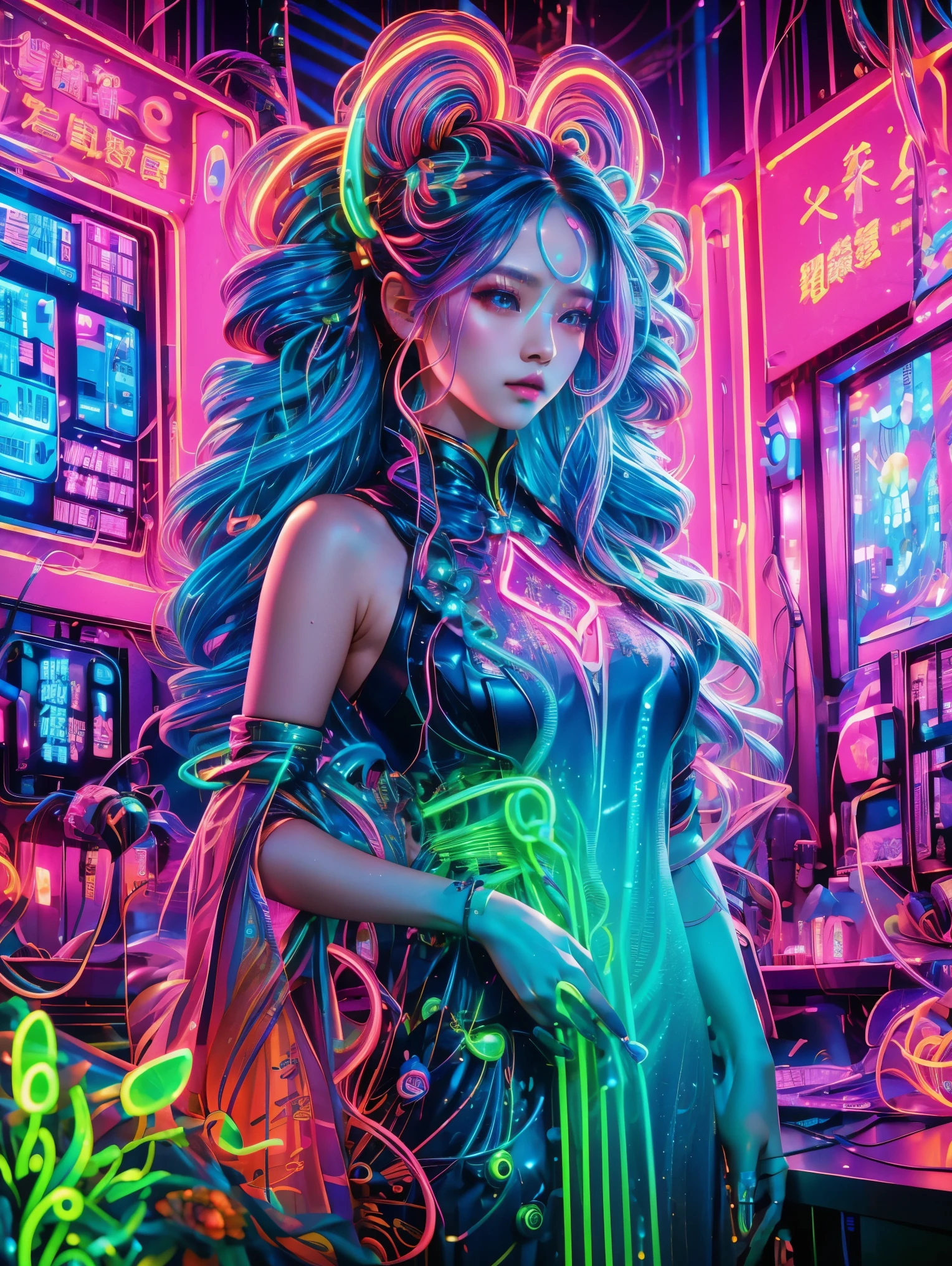 (Medium shot), (Neon)，Circuit Board，(1 Girl:1.3)，(Woman&#39;s hair is made of thin, colorful neon tendrils:1.7), (Long, colorful neon hair flows down her body), 她的头发由薄薄的彩色Neon卷须组成，Fits and covers her body，Form a piece of clothing, (Neon纤维:1.05), ((Neon串电缆)), The scenery is cables and technology, intricate and detailed tech gear chaos, beautiful detailed glow, 细细的五彩Neon串的触手在周围扭动, Surrounding cables are chaotic, Neon tendrils flow, (电缆和五彩Neon串围绕角色旋转:1.1), (detailed:1.05), (ultra-detailed:1.1), (detailed light:1.05)