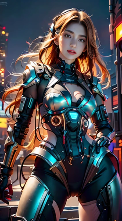 Virtual image,Realistic 8K images,Masterpiece,Complete Anatomy,Sharp details,Highest quality,Girl with long hair, flowing orange hair, With blue eyes.,have beautiful breasts.,glowing machinery,Machine with neon lights,robot cyborg robot,bikini_white/metallic orange,Lively and bright,A smile corners his mouth....,Turn to your side, spread your legs, Look at me.....,The background is a deserted city at dusk....
