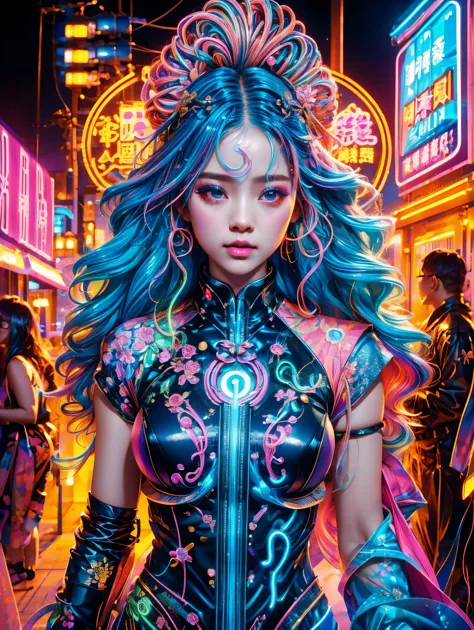 (Medium shot), (Neon)，Circuit Board，(1 Girl:1.3)，(Woman&#39;s hair is made of thin, colorful neon tendrils:1.7), (Long, colorful...