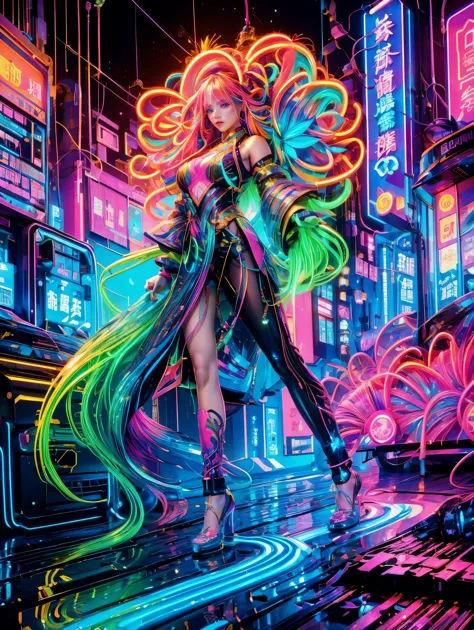 (Medium shot), (Neon)，Circuit Board，(1 Girl:1.3)，(Woman&#39;s hair is made of thin, colorful neon tendrils:1.7), (Long, colorful...