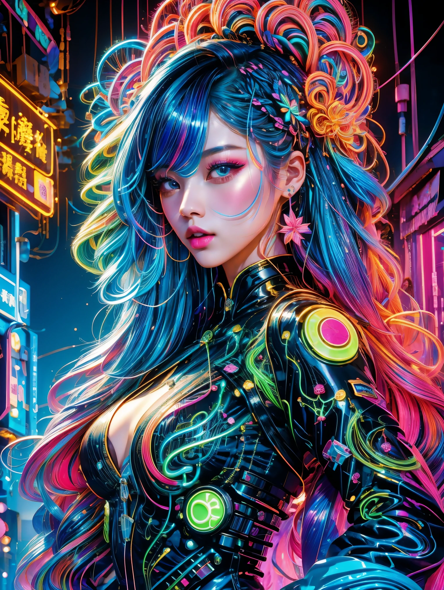 (Medium shot), (Neon)，Circuit Board，(1 Girl:1.3)，(Woman&#39;s hair is made of thin, colorful neon tendrils:1.7), (Long, colorful neon hair flows down her body), 她的头发由薄薄的彩色Neon卷须组成，Fits and covers her body，Form a piece of clothing, (Neon纤维:1.05), ((Neon串电缆)), The scenery is cables and technology, intricate and detailed tech gear chaos, beautiful detailed glow, 细细的五彩Neon串的触手在周围扭动, Surrounding cables are chaotic, Neon tendrils flow, (电缆和五彩Neon串围绕角色旋转:1.1), (detailed:1.05), (ultra-detailed:1.1), (detailed light:1.05)