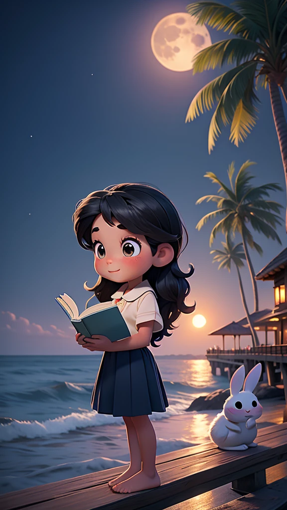 Obra maestra, mejor calidad, 1 chica, Leyendo un libro en un muelle de piedra junto al mar，noche，Gran luna llena al fondo，Hay algunos conejos lindos alrededor.，árbol de coco，estilo pixar，estilo disney，