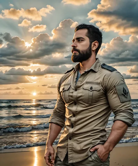 man with a beard and military shirt, standing at the beach shore, looking extremely handsome. the artwork should have a polished...