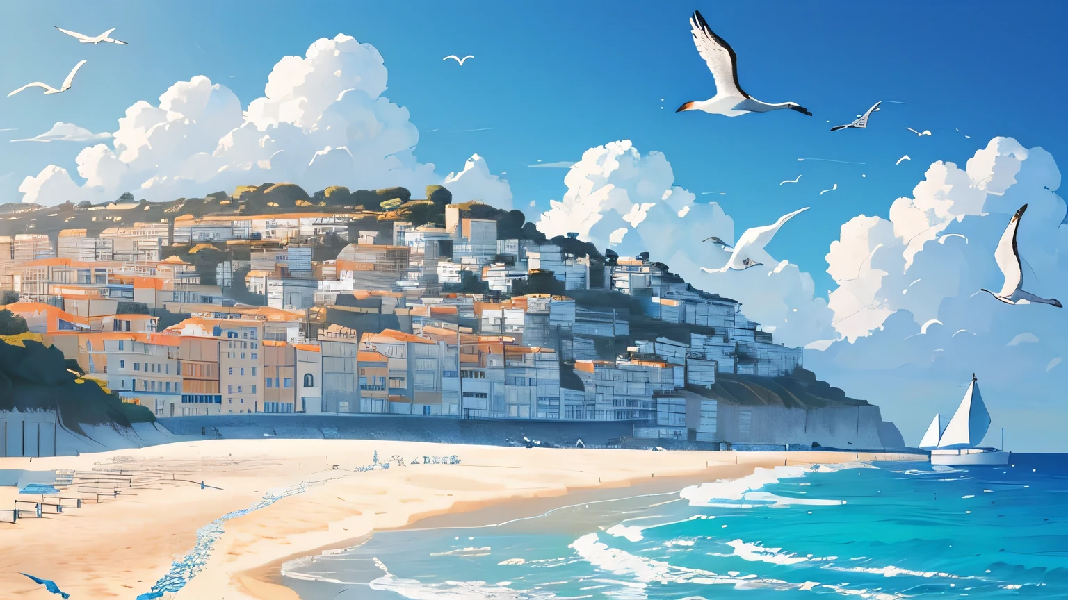 illustration, thick brush, Blue Coast, Everyday life, calm sea, seagulls, Nice coast in France, contrast between blue sea and white sand, yacht, (best composition), (Masterpiece), (Best Quality),
