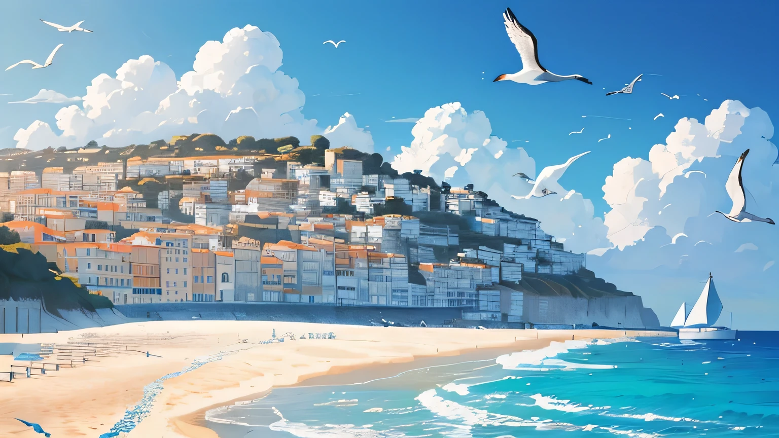 ilustración, cepillo grueso, Costa Azul, la vida cotidiana, mar en calma, seagulls, Hermosa costa en Francia, contraste entre el mar azul y la arena blanca, Yate, (mejor composición), (obra maestra), (mejor calidad),
