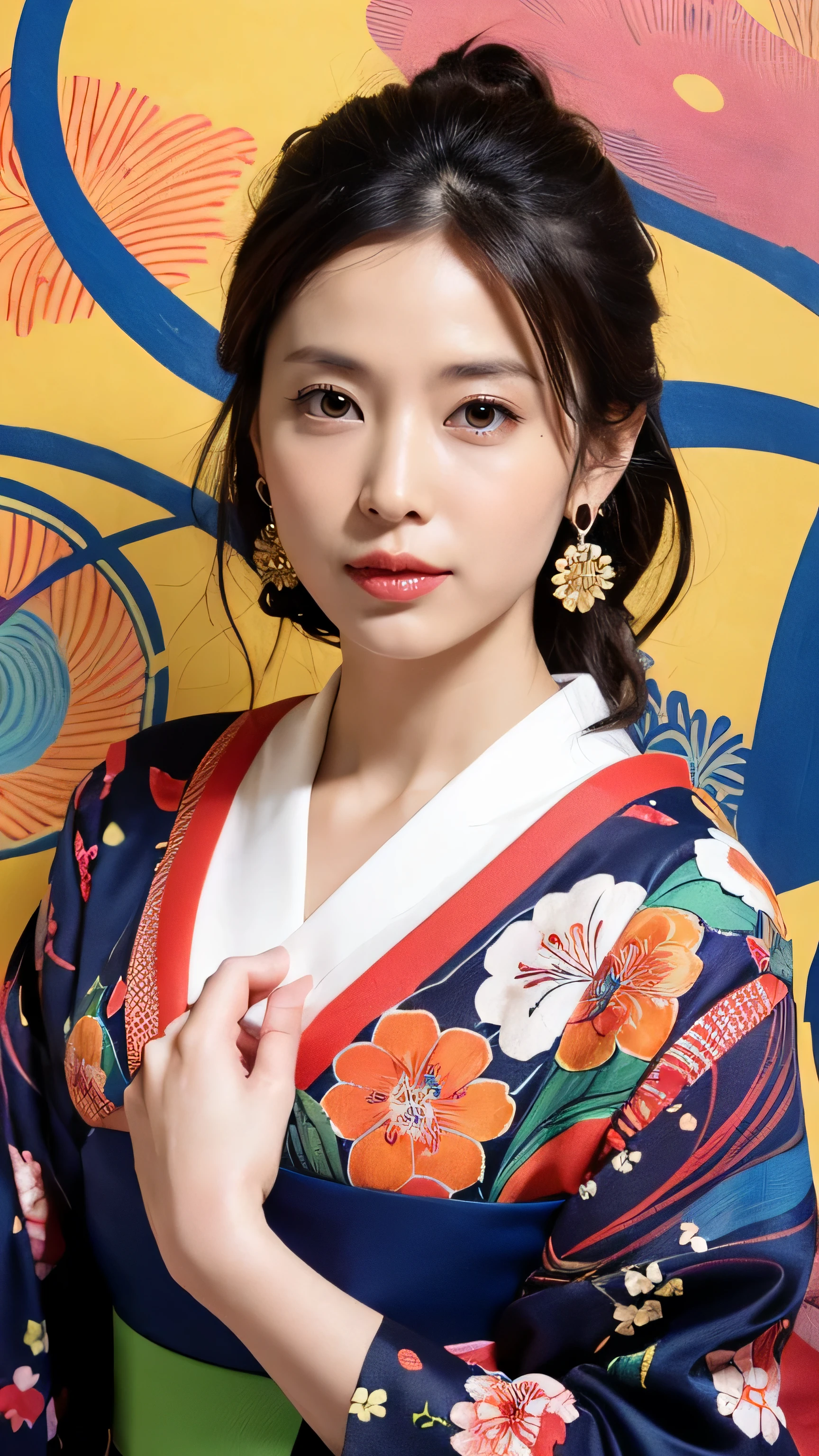 (obra maestra, de la máxima calidad, de la máxima calidad, arte oficial, hermosamente、Estético:1.2), (Una chica:1.3), Muy detallado,(Fractal Art:1.1),(Vistoso:1.1)(flores:1.3),Más detallado,(Enredado:1.2), (pose dinámica), (fondo abstracto:1.3), (kimono japonés:1.2), (piel brillante), (Muchos colores:1.4), ,(pendientes:1.4),