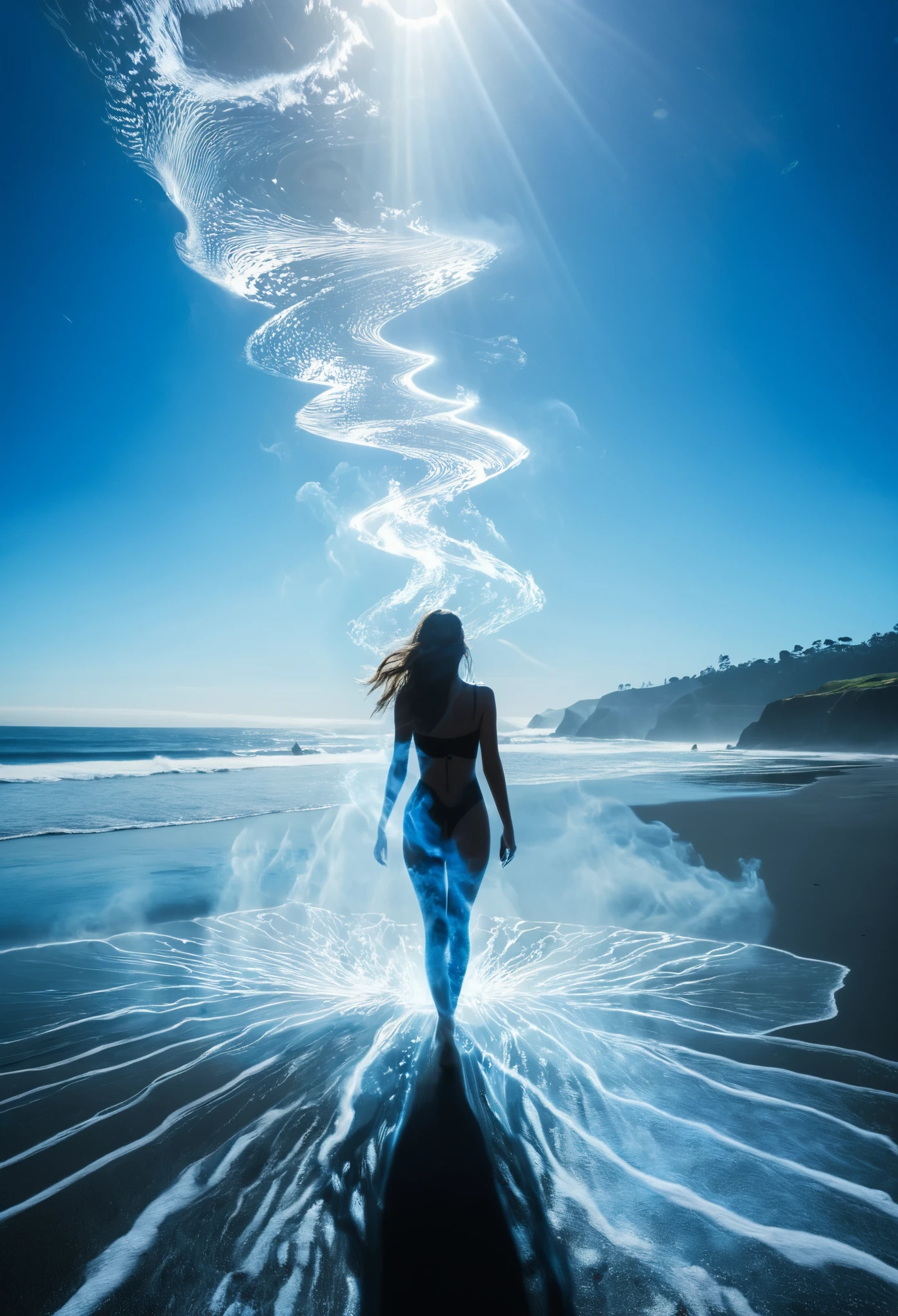 The goddess who controls the sea，Walk the coast，Blue sand beach，beautiful，Backlight，Surrealism，Godhead，Cyber Surge，Blue-black tones，Light shining through the smoke，scattering，refraction，diffuse reflection，Tyndall effect，Brownian motion，Light beam，Dark Environment，Blue Coast，Blue and white ocean，Aerial View