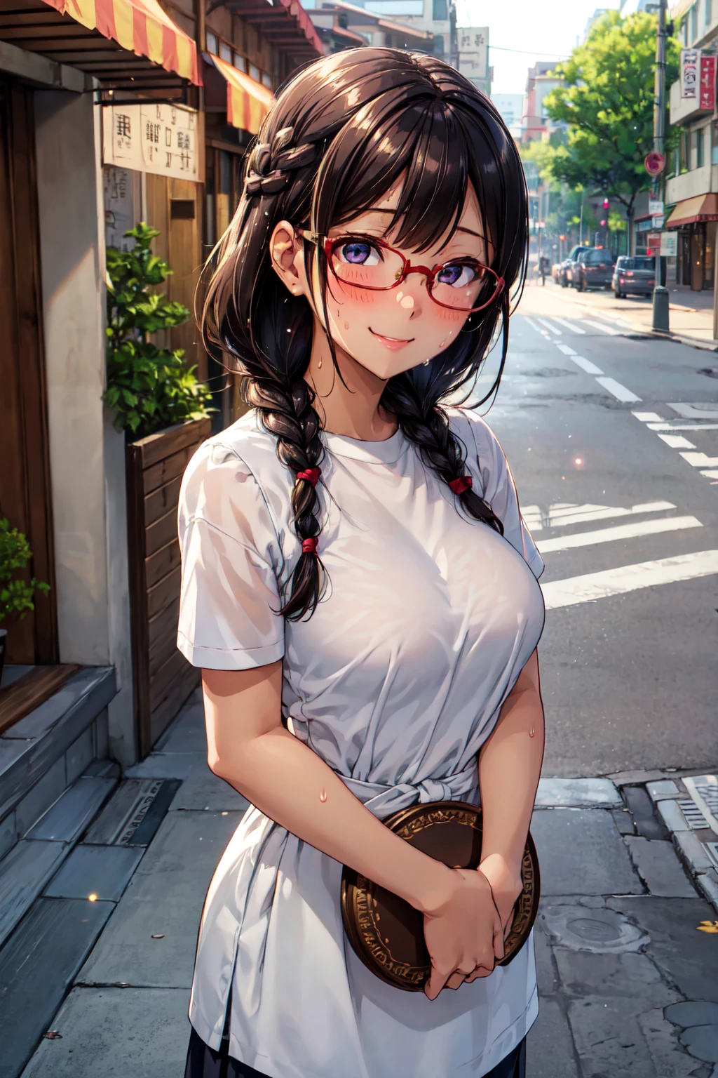 (high quality, High resolution, Finer details), Sidewalk, Side view, alone, girl, Braiding, , Sparkling eyes, (large round frame glasses), (Beautiful Eyes), Small breasts, ((A kind smile)), blush, Sweat, Oily skin, (Focus plane), Shallow depth of field