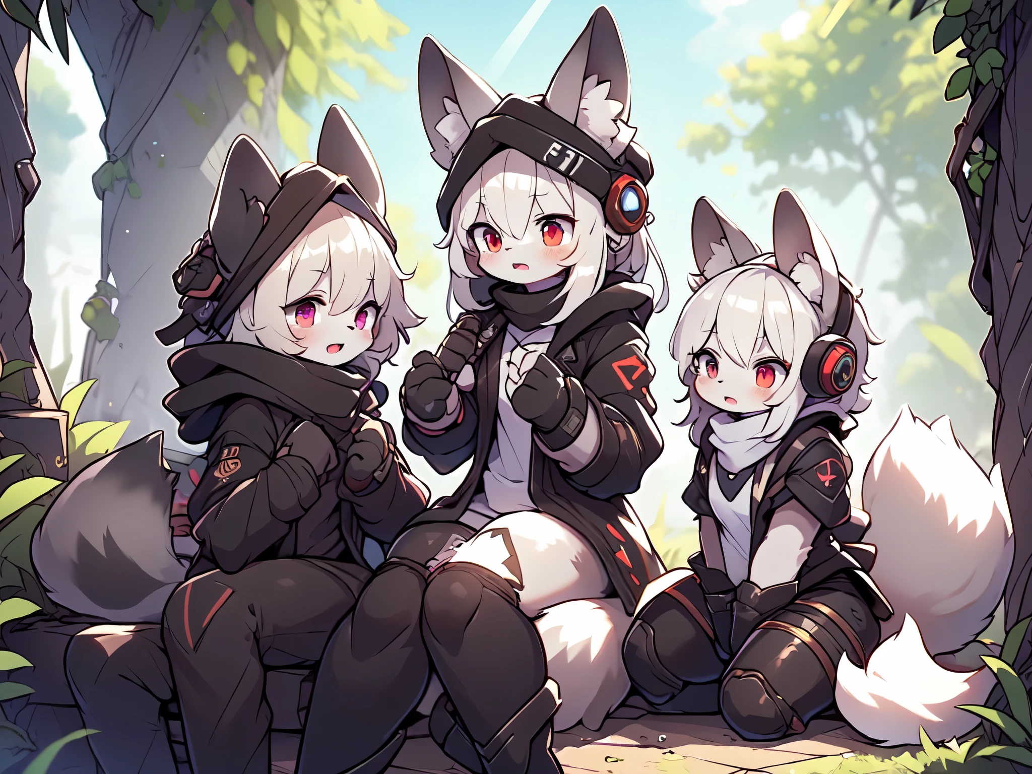 Kawaii, Striped Fluffy Fox, emaciated, long hair, 3girls, artificial synthetic skin, life support prosthetics, digital headphones, black tight latex bodysuit, white long dress, thigh-high-socks, shorts, loose off-the-shoulder hood open jacket, holsters in thigh, Mechanical boots, tactical knee pads, tactical belted loose Arm Sleeves, cybernetic Display gloves, chest rigs, tactical belts, blue archive halo, bulletproof goggles on forehead, from Ark nights,