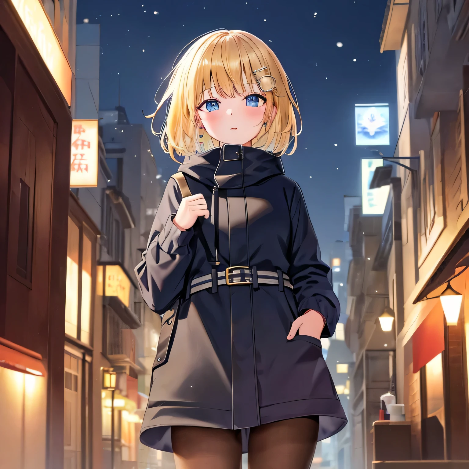 (masterpiece:1.3), (absurdres:1.3), (best quality:1.3), (ultra-detailed:1.3),(best shadow:0.7), perfect anatomy, 1girl, solo, short hair, amelia watson, hair ornament, ((cold weather clothes)), snowing, city, outdoors, night, movie poster, extremely detailed 8K, smooth, high resolution, ultra quality, cinematic lighting, ambient occlusion, hd, 2k, 4k, 8k, 16k, extremely detailed anime, detailed faces, perfect composition, wide shot, atmospheric lighting, 