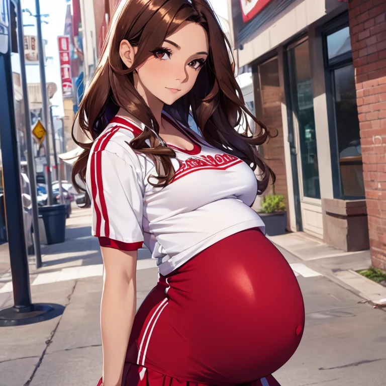 1woman, Pregnant goddess, mature, cheerleader, red skirt, white top, fishnet leggings, wavy brown hair, hair over eye, cheerleader outfit, realistic, high definition, 4k