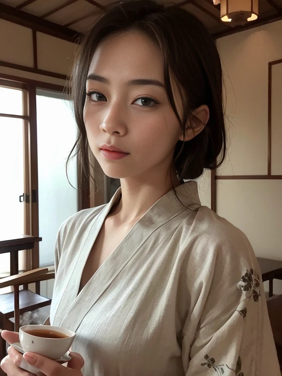 (8K, 最好的品質, 超詳細:1.37), (艾瑞克), 18歲的, (日本茶道愛好者), 在優雅的茶室享受傳統茶道. 她穿著漂亮的和服, 表達您對日本文化的欣賞. 高解像度の画像は超詳細なリアリズムを捉えます, emphasizing 艾瑞克's captivating eyes, 完美肌膚, 品茶時表情平靜. 精心打造的茶室, 它的特點是複雜的細節和平靜的氛圍., 增強場景的真實性, showcasing 艾瑞克's passion for the art of tea.