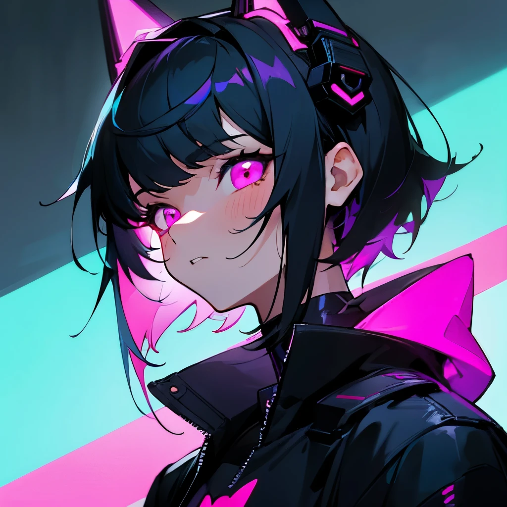 Best Quality, anime boy, a lovely boy, perfect face, detailed face, beautiful face, super detailed illustration, detailed eyes, portrait, facing forwards, bust up, dark hair, pink eyes, femboy, scifi, futuristic, neon pink headgear, wearing black shirt, detailed futuristic coat, neon lights, cute boy, black hair, sharp eyes, asymmetric hair, hair longer on side, pink hair highlights, short hair, femboy, young man, cute femboy, trap, sharp eyes, hair longer at front, straight bangs, neon blue hair highlight on bangs, dark background, dark setting, facing forwards, facing camera, cute trap, cute boy, cutest face, wearing tight turtleneck, wearing loose coat, unzipped coat, detailed accessories, glowing electronic accessories, blue hair highlight, black hair, glowing accessories