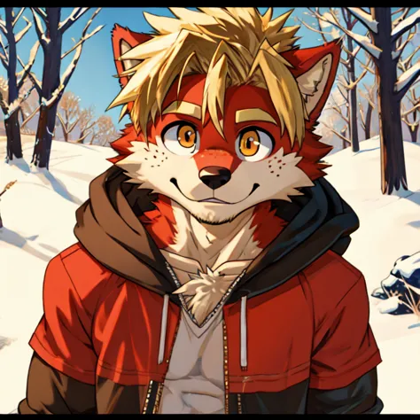 (masterpiece, best quality:1.2), very young wolf boy, in shirts, winter, body covered in red fur, furry style, sexual, horny, ve...