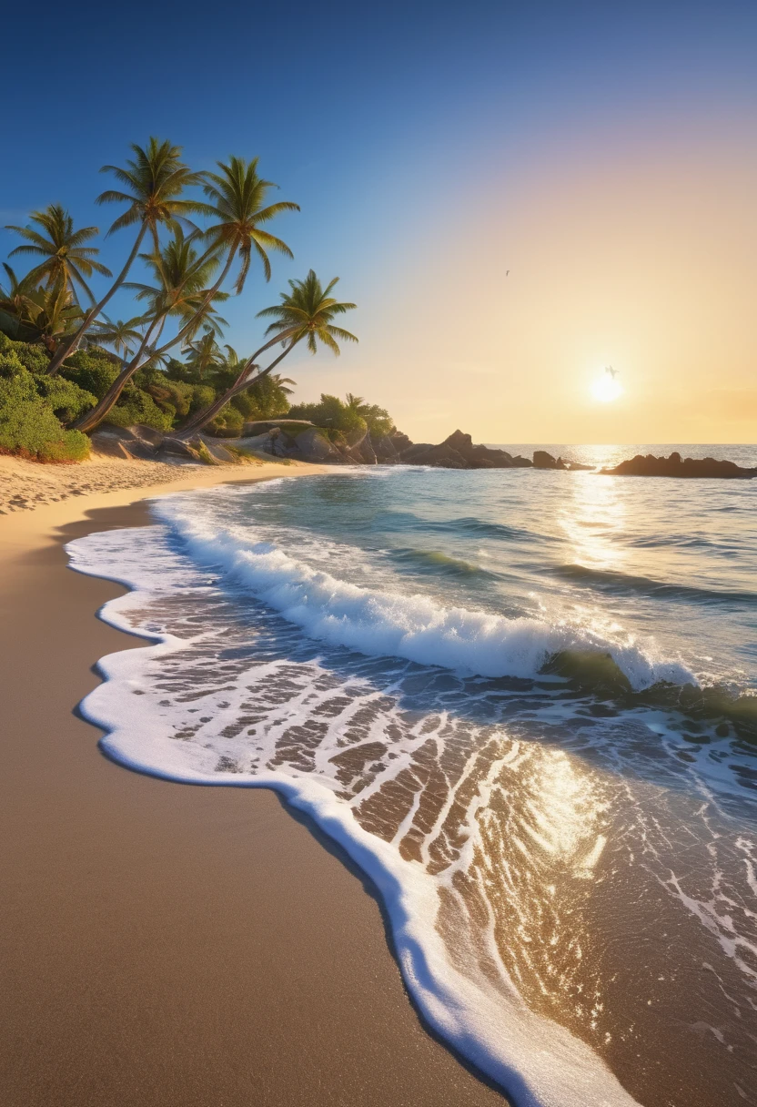 best quality,4k,8k,highres,masterpiece:1.2,ultra-detailed,realistic,photorealistic:1.37,coastal scenery,beautiful serene beach,breathtaking ocean view,vibrant blue waves,crystal clear water,sandy shore,soothing ocean breeze,sun-kissed sandy beaches,coastal rocks and cliffs,seagulls flying overhead,tropical palm trees swaying in the wind,picturesque sunset over the horizon,tranquil and peaceful ambiance,seashells scattered on the beach,glistening sunlight reflecting on the water,gentle waves crashing against the shore,white foam forming on the wave tips,majestic sailboats sailing in the distance,surfers catching waves,relaxing beach chairs and umbrellas,footprints in the sand leading to the water,children building sandcastles with giggles and laughter,people enjoying picnics and beach games,soft golden sand between your toes,salty and refreshing ocean spray on your skin,colorful parasails dancing in the sky,seabirds diving into the water to catch fish,secluded coves and hidden treasures waiting to be discovered,peaceful and rejuvenating coastal retreat,calm and inviting atmosphere,serene and unspoiled beauty,sparkling reflection of the moon on the water at night,romantic moonlit walks along the beach.