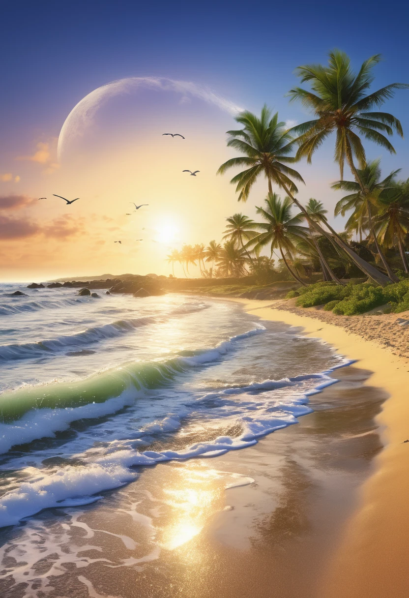 best quality,4k,8k,highres,masterpiece:1.2,ultra-detailed,realistic,photorealistic:1.37,coastal scenery,beautiful serene beach,breathtaking ocean view,vibrant blue waves,crystal clear water,sandy shore,soothing ocean breeze,sun-kissed sandy beaches,coastal rocks and cliffs,seagulls flying overhead,tropical palm trees swaying in the wind,picturesque sunset over the horizon,tranquil and peaceful ambiance,seashells scattered on the beach,glistening sunlight reflecting on the water,gentle waves crashing against the shore,white foam forming on the wave tips,majestic sailboats sailing in the distance,surfers catching waves,relaxing beach chairs and umbrellas,footprints in the sand leading to the water,children building sandcastles with giggles and laughter,people enjoying picnics and beach games,soft golden sand between your toes,salty and refreshing ocean spray on your skin,colorful parasails dancing in the sky,seabirds diving into the water to catch fish,secluded coves and hidden treasures waiting to be discovered,peaceful and rejuvenating coastal retreat,calm and inviting atmosphere,serene and unspoiled beauty,sparkling reflection of the moon on the water at night,romantic moonlit walks along the beach.