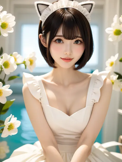 Beautiful and delicate portrait of a playful cute girl with boyish short hair, Black Hair, white Maid clothes、Cat ears on the head、 Emerald Green Sea, Mischievous Smile, Dancing Petals, (highest quality, Ultra-realistic) Floating petals in the background, ...