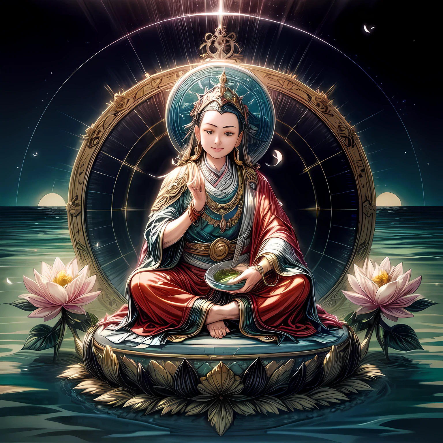 A painting of a woman sitting in a lotus position with a lotus flower -  SeaArt AI