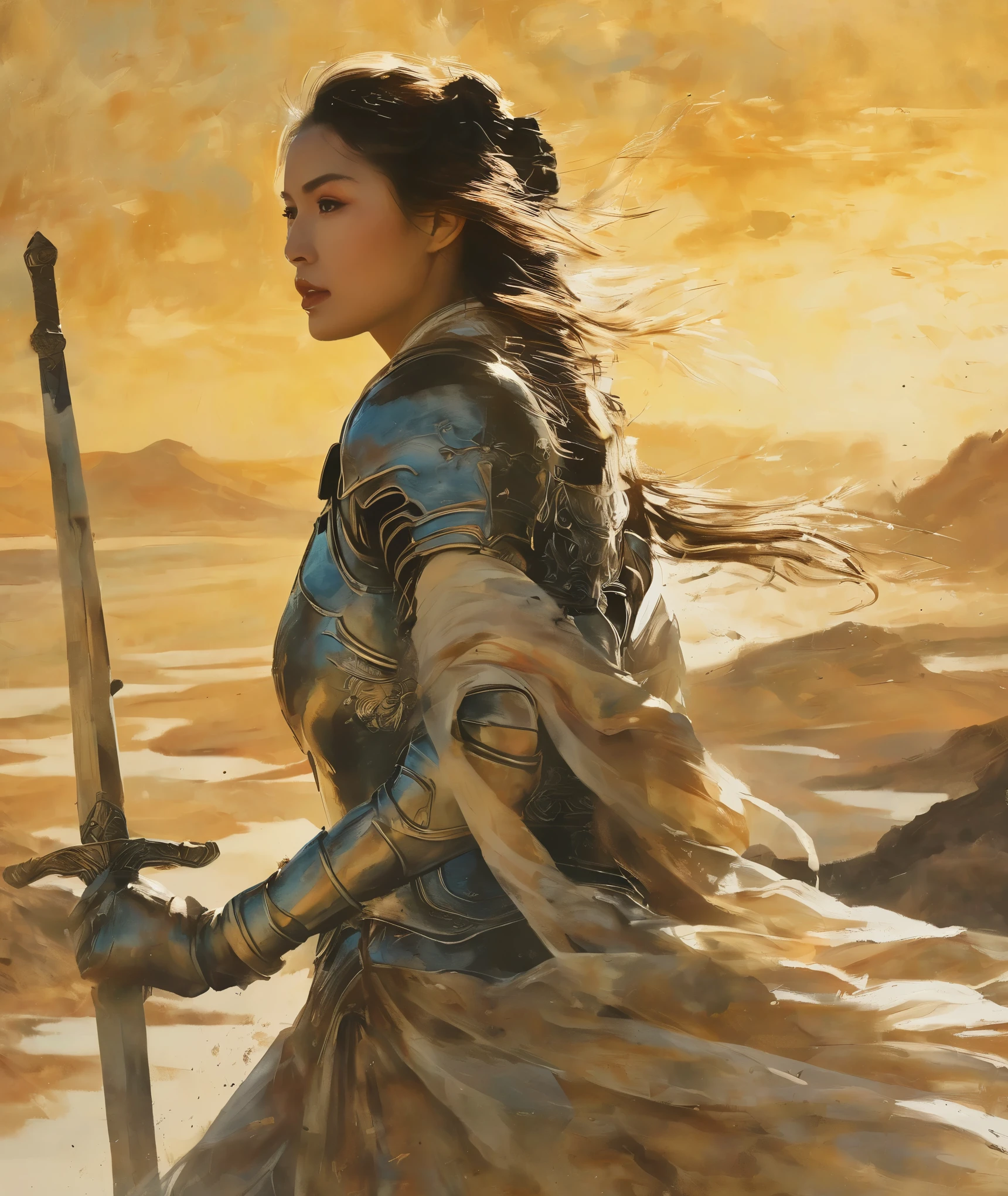 (best quality,4k,8k,highres,masterpiece:1.2),minimalist journey,anatomically correct,woman warrior,1sword,holding hilt,steel armor,flowing dark hair,confident expression,courageous posture,strong physique,elegant silhouette,dusty path,breathtaking landscapes,sunlit horizon,subtle color palette,warm golden tones,dappled sunlight,soft shadows,ethereal atmosphere,delicate brushstrokes,impressionistic style，solo，Chinese Beauty