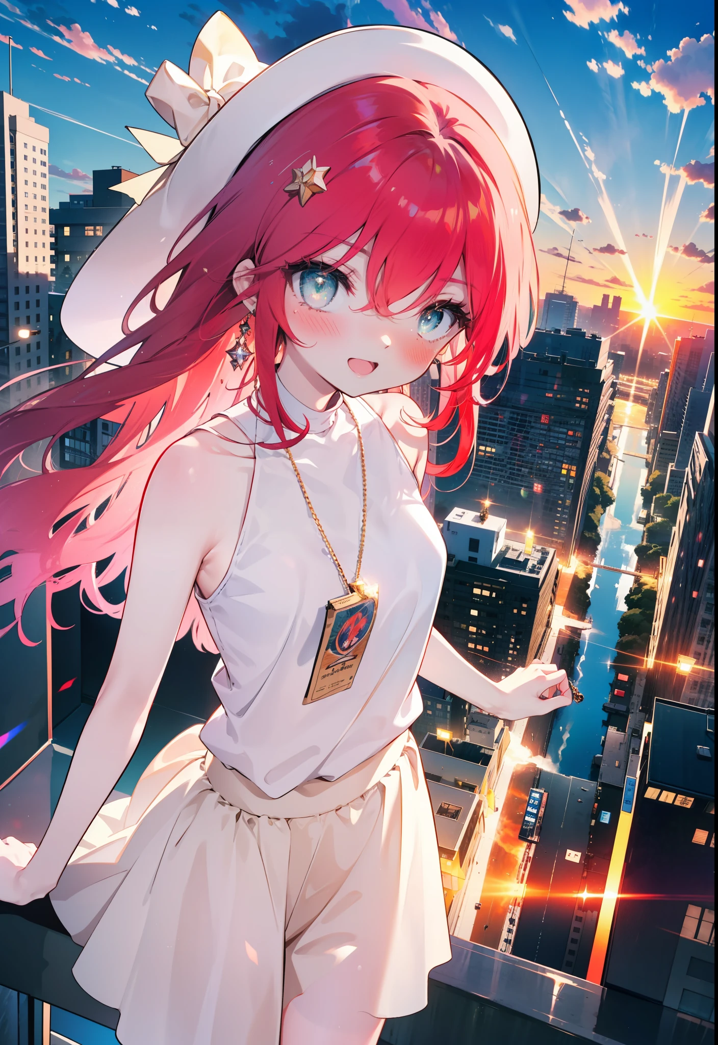 Shana,灼眼のShana,Ahoge,Long Hair,Red hair, Red eyes:1.5, Small breasts,smile,blush,Open your mouth,Sleeveless dress,Bare shoulders,bare clavicle,Bare neck,Rocket Pendant,White hat,Long skirt,Cute heeled sandals,Looking down from above,sunset,evening,The sun is setting,
break looking at viewer, (Cowboy Shot:1. 5)
break outdoors, City Street,Building district,
break (masterpiece:1.2), highest quality, High resolution, unity 8k wallpaper, (shape:0.8), (Fine and beautiful eyes:1.6), Highly detailed face, Perfect lighting, Highly detailed CG, (Perfect hands, Perfect Anatomy),