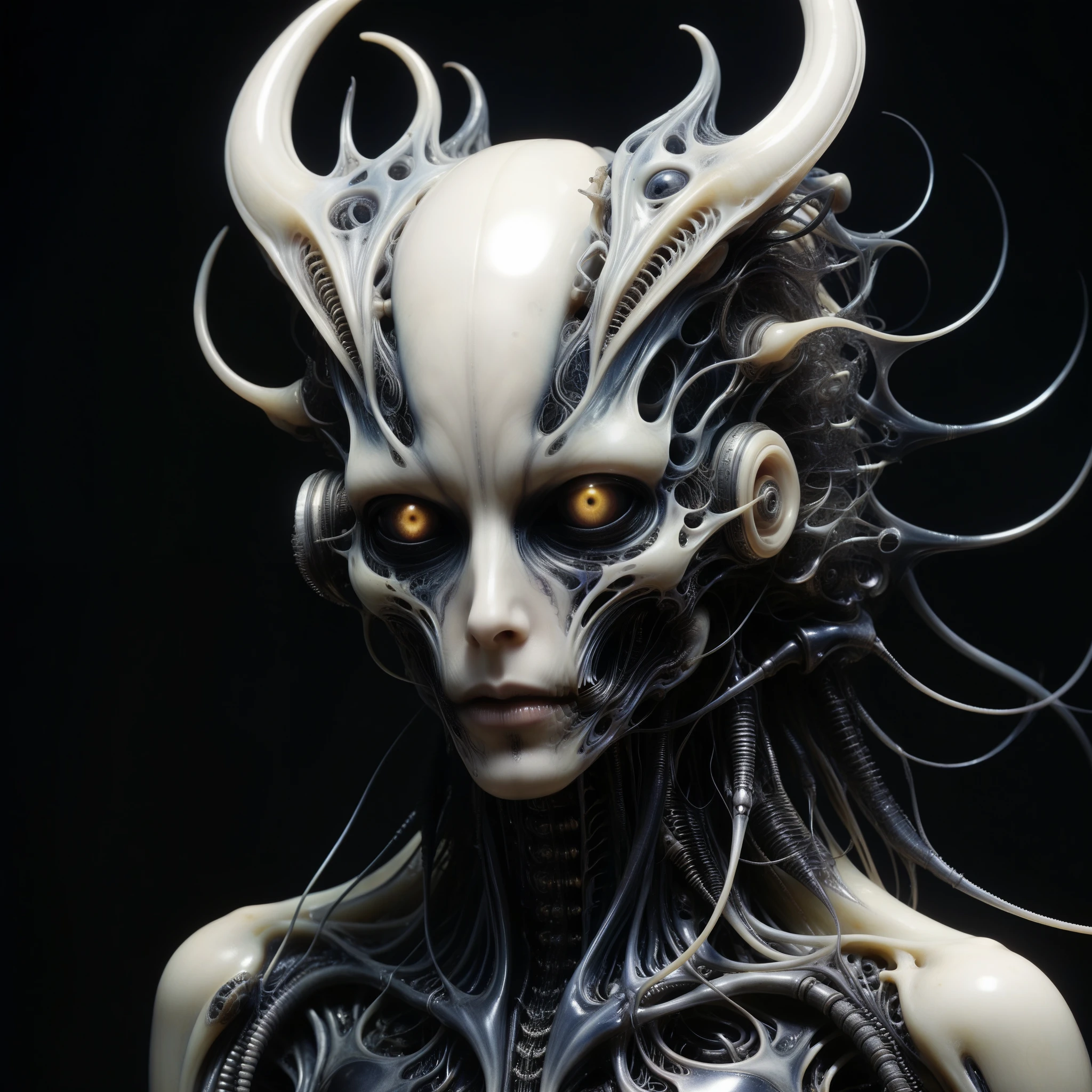 Explore a chilling symphony of AI-generated music resonating from within grotesque, organic structures inspired by H.R. Giger's nightmarish creations.