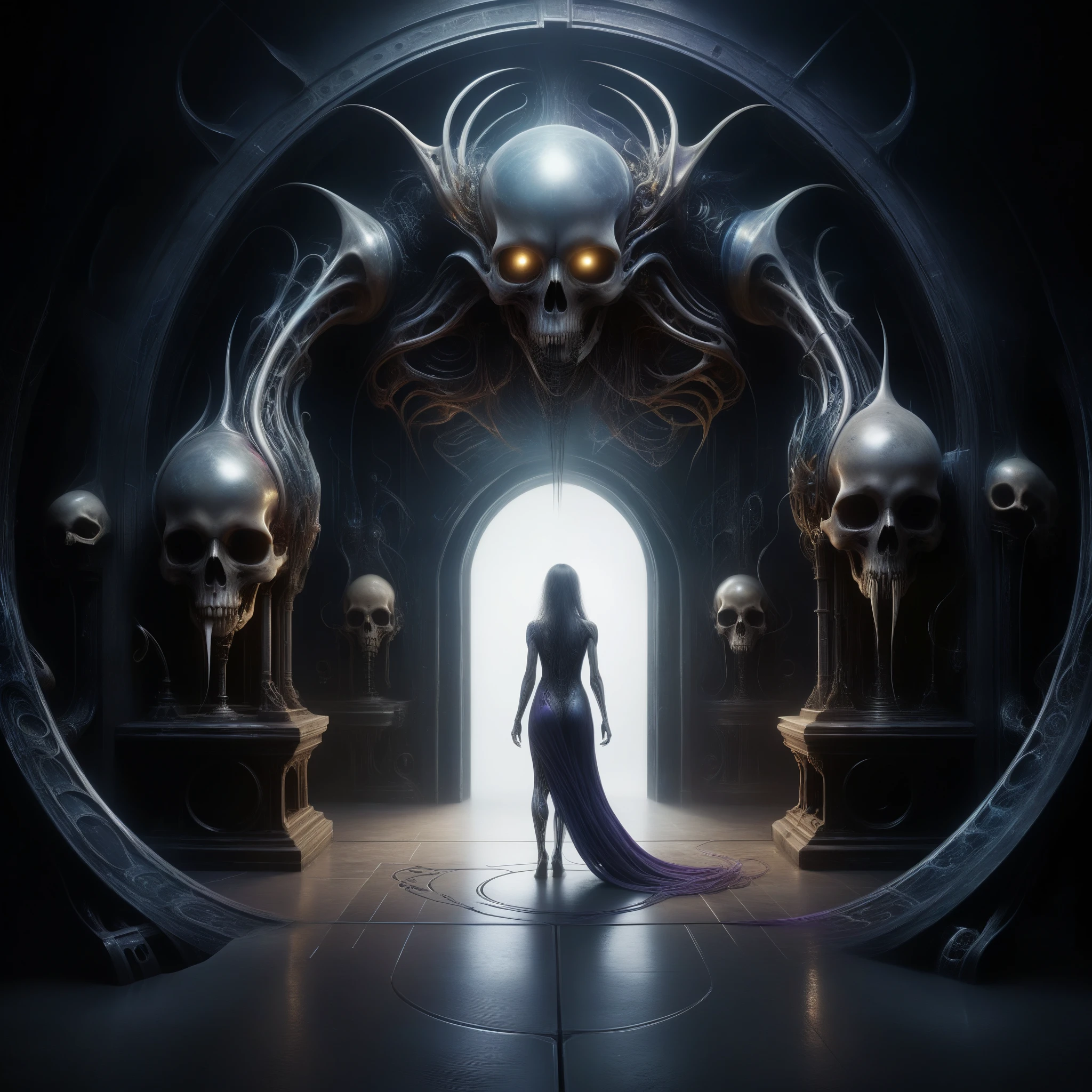 An AI-generated masterpiece depicting a chilling symphony of music resonating from within grotesque, organic structures inspired by H.R. Giger's nightmarish creations. The scene showcases the fusion of art and technology, creating an eerie and surreal ambiance. The image portrays the following elements:

- (best quality, 4k, highres, masterpiece:1.2), ultra-detailed, (realistic, photorealistic, photo-realistic:1.37) rendering: The image is of the highest quality, with intricate details and lifelike textures. The lighting and shadows are meticulously crafted to create a realistic atmosphere.

- Grotesque, organic structures: These otherworldly structures are reminiscent of H.R. Giger's signature style, blending bio-mechanical elements with hauntingly beautiful aesthetics. The intricate details of the structures convey a sense of dark elegance.

- AI-generated music: The air is filled with an ethereal symphony, harmonizing with the surroundings. The music is an AI-generated composition, creating a unique, haunting experience for the viewer.

- Eerie ambiance: The scene exudes a chilling atmosphere, with hints of suspense and mystery. The lighting is subdued but strategically placed to enhance the unsettling mood. Shadows dance across the grotesque structures, adding depth and drama.

- Surreal elements: The image presents a surreal setting that merges the boundaries between reality and dreams. It sparks the imagination and invites viewers to explore the darkest corners of their minds.

- Cinematic color palette: The color palette consists of deep, rich tones, enhancing the eerie atmosphere. Shades of dark blues, purples, and blacks dominate the scene, adding a sense of unease and mystery.

- Unconventional perspectives: The composition features unconventional angles and perspectives, allowing the viewer to immerse themselves in the surreal world. The distorted viewpoints add to the unsettling nature of the image.

- Attention to detail: Every element of the image is m