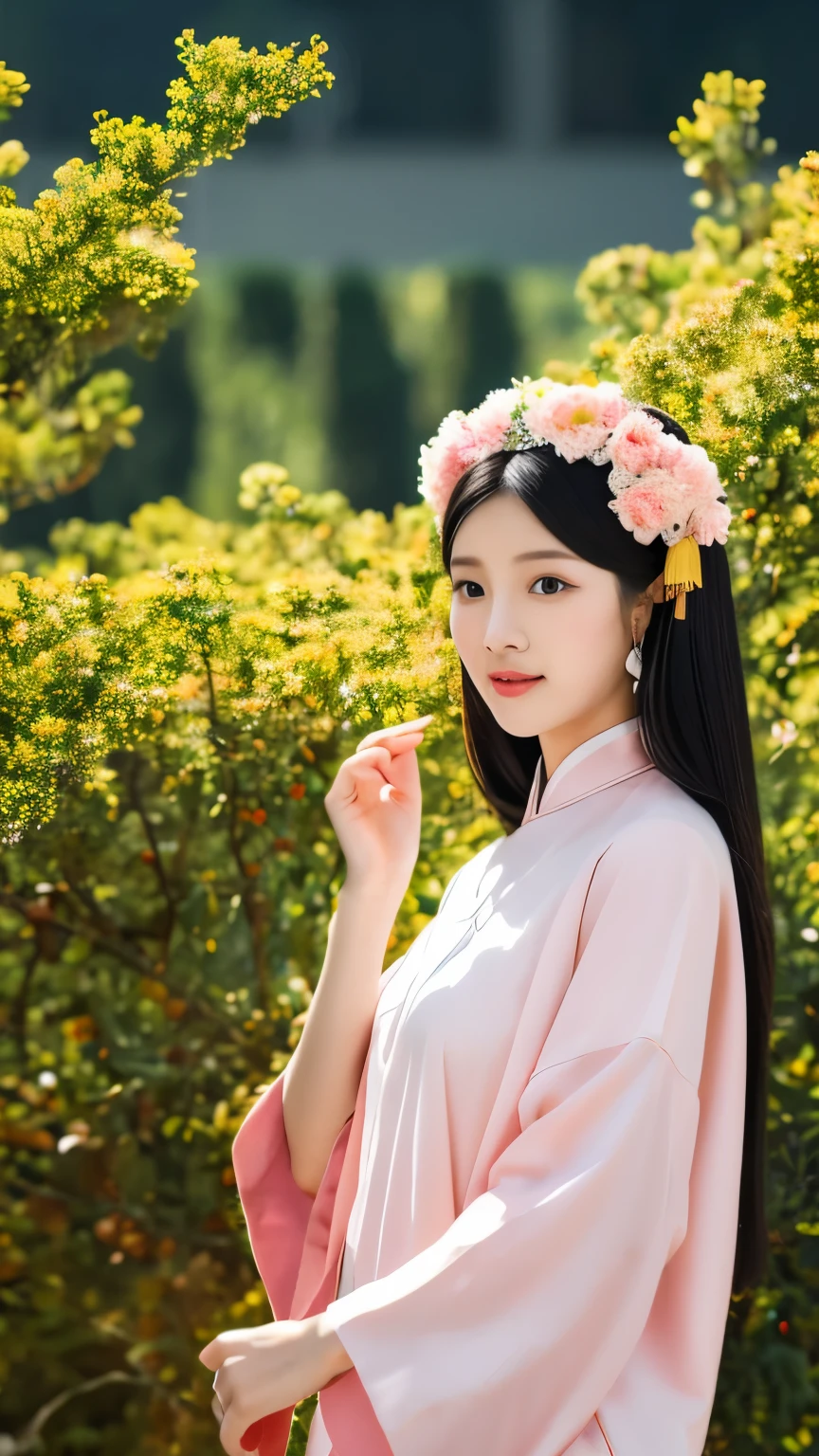 A beautiful 18-year-old Chinese girl，Elf Appearance，Beautiful flower headdress，Detailed description，Wearing Chinese Tang Dynasty clothing、Relief、Minimalist landscape painting，Wear Tang Dynasty Clothing，Pale pink and pale jade gold，
Dreamy style，Epic ink-and-ink hybrid shots，Dramatic Flower Shower，Fuji 32k-ar 3:4 -s 250