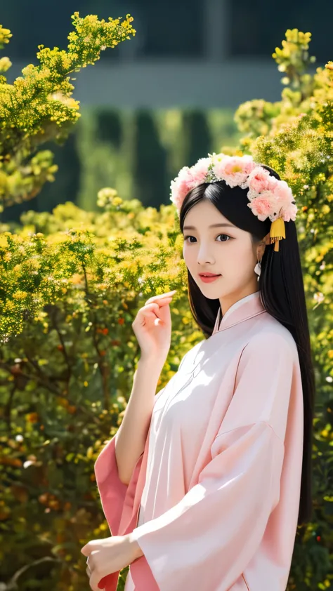 A beautiful 18-year-old Chinese girl，Elf Appearance，Beautiful flower headdress，Detailed description，Wearing Chinese Tang Dynasty...
