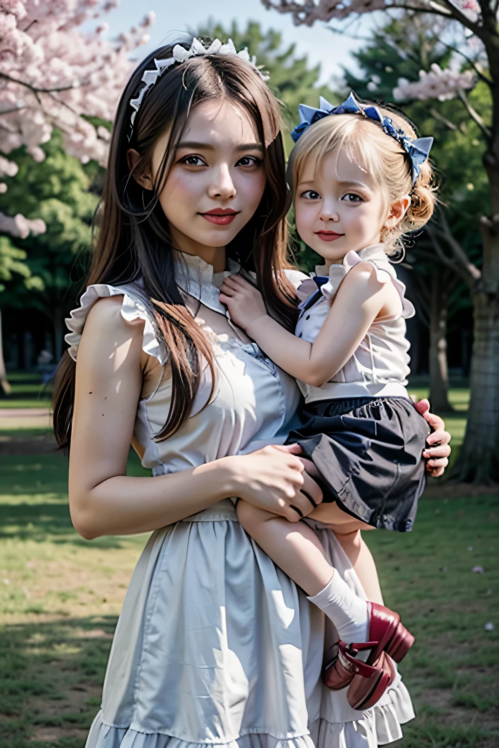 Uma empregada doméstica de 20 anos e uma menina de 6 anos, Mulher de 20 anos vestindo uniforme tradicional de empregada doméstica, A menina de 6 anos está usando um vestido azul claro., Menina de 6 anos usando fita na cabeça, Mulheres de 20 anos usam maquiagem pesada, Rosto lindamente detalhado, A mulher de 20 anos tem cabelo trançado., luz solar natural, Mulher de 20 anos tem cabelo azul, Eles estão debaixo de uma cerejeira, Fotos profissionais de família, menina de 6 anos rindo, Os dois são muito naturais. A mulher de 20 anos tem 170 cm de altura., Corpo anatomicamente correto, Uma menina de 6 anos tem 100 cm de altura, menina de 6 anos dormindo, Mulher de 20 anos abraçada, batom vermelho, Uma mulher de 20 anos está usando uma saia preta com babados, Bombas chiques, Menina de 6 anos tem cauda dupla, Mulher de 20 anos com cinta-liga e meias brancas, ambos estão sorrindo., Uma mulher de 20 anos segura uma menina de 6 anos nos braços, Duas pessoas muito fofas, Desenhe duas faces em detalhes, A menina de 6 anos está usando uma saia longa, A menina de 6 anos tem um rosto muito jovem., Número de mãos anatomicamente correto, A menina de 6 anos tem cabelos loiros., A menina de 6 anos é britânica., Modelagem anatomicamente correta das pernas, Os dois estão sob uma magnífica fileira de cerejeiras em flor.,