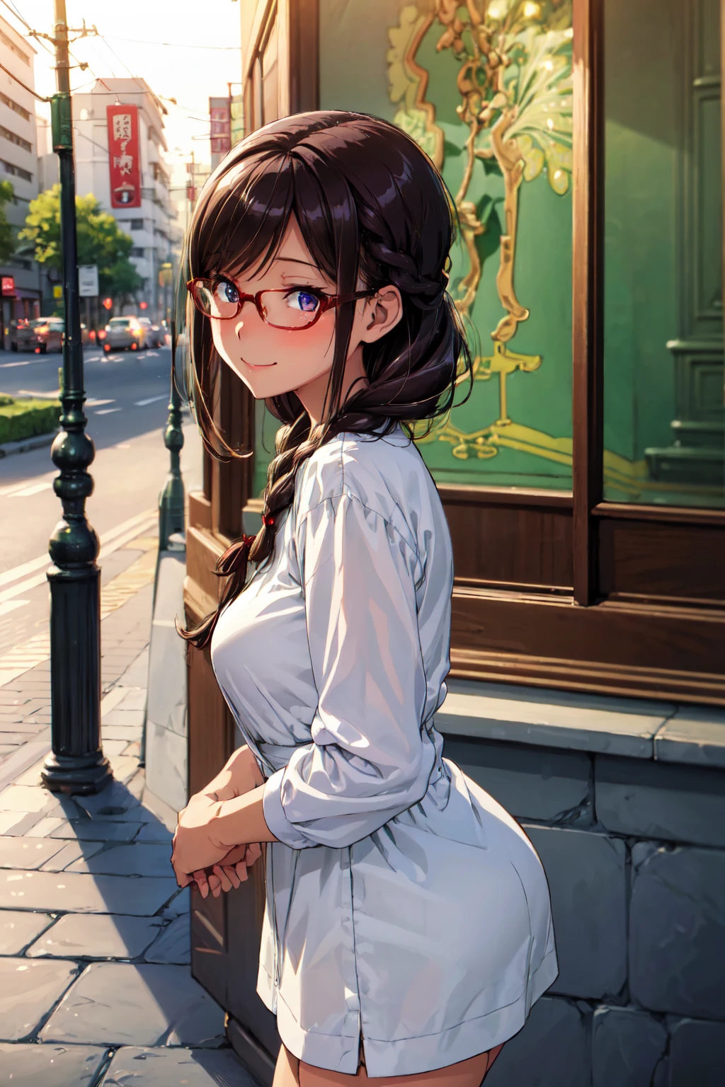 (high quality, High resolution, Finer details), Sidewalk, Side view, alone, girl, Braiding, , Sparkling eyes, (large round frame glasses), (Beautiful Eyes), Small breasts, ((A kind smile)), blush, Oily skin, (Focus plane), Shallow depth of field