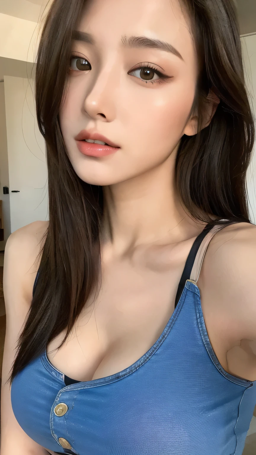 （lifelike， high - resolution：1.3）， 1 girl with a perfect body， Super fine face and eyes，slong hair， Tank top of random colors：1.2， short jeans， big boob，Expose cleavage,  muscular body,  (Muscular:1.5),