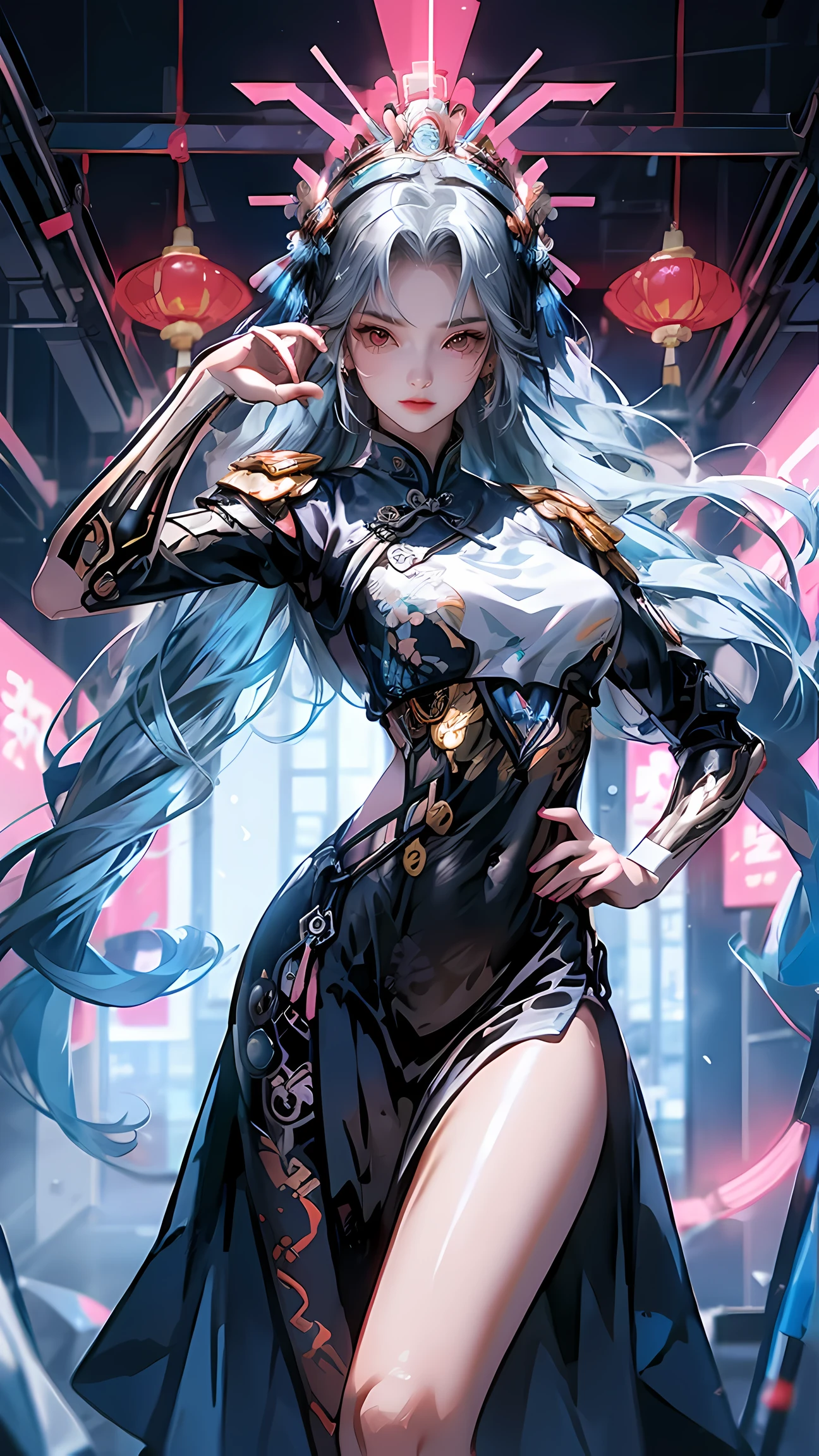 a woman in cheongsam, chinese_clothes, in pink, neon light, mechanical arm, mechanical leg, 1girl, drill hair, long hair, blonde hair, gradient hair, yellow eyes, solo, huge breasts, big hair, blue hair, tiara, divine goddess, looking at viewer, indoors, cyberpunk city, Headdress, hair ornament, a high-tech city, full of machinery and futuristic element, futurism, technology, sexy pose, dynamic pose, astraea, cyberhanfu 