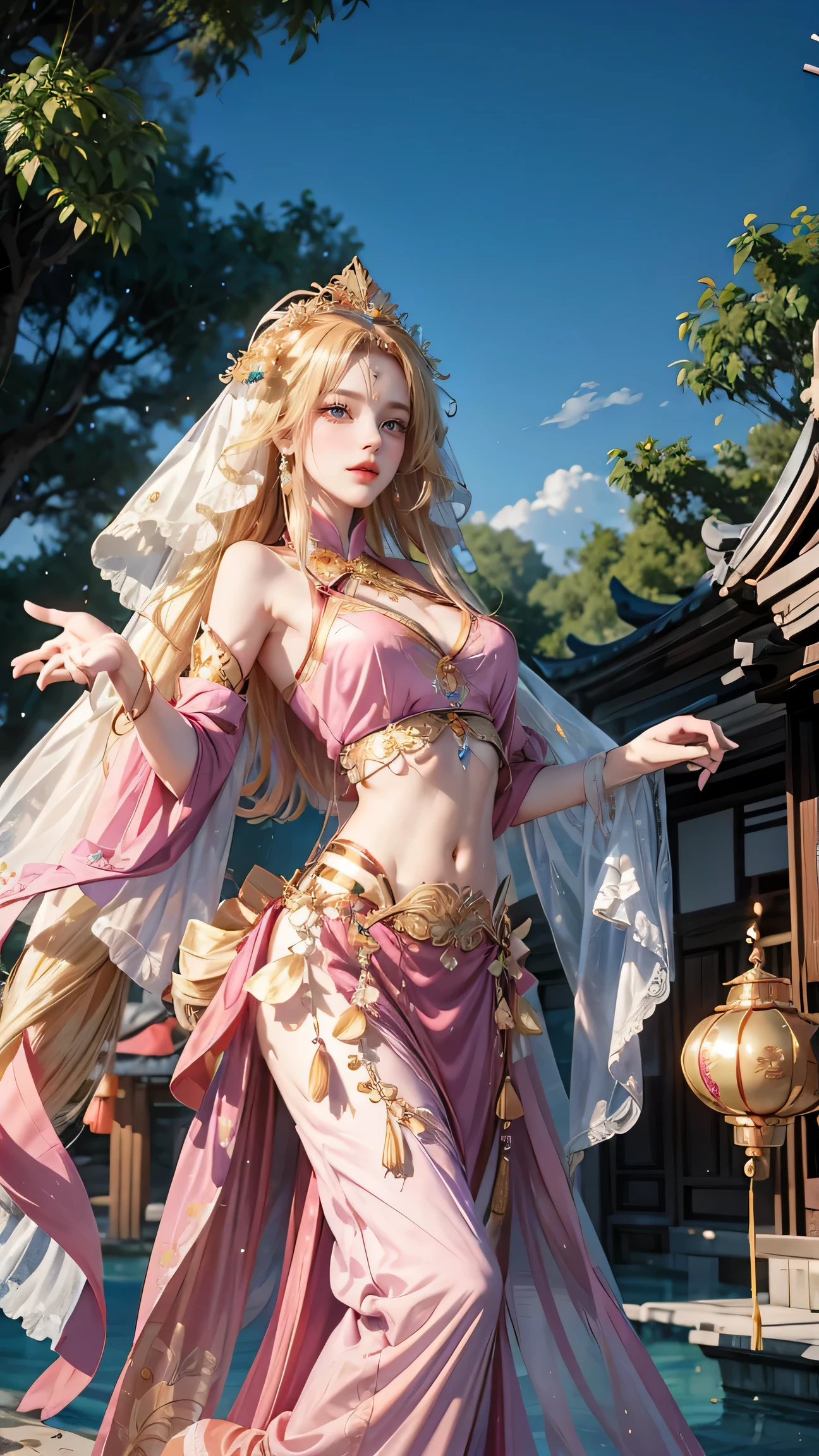 a woman in Hanfu with veil, chinese_clothes, in pink, 1girl, drill hair, long hair, blonde hair, gradient hair, yellow eyes, solo, huge breasts, big hair, blue hair, tiara, divine goddess, china goddess, looking at viewer, outdoors, chinese city, Headdress, hair ornament, bare shoulder, navel, floral pattern, dynamic pose, astraea, midriff