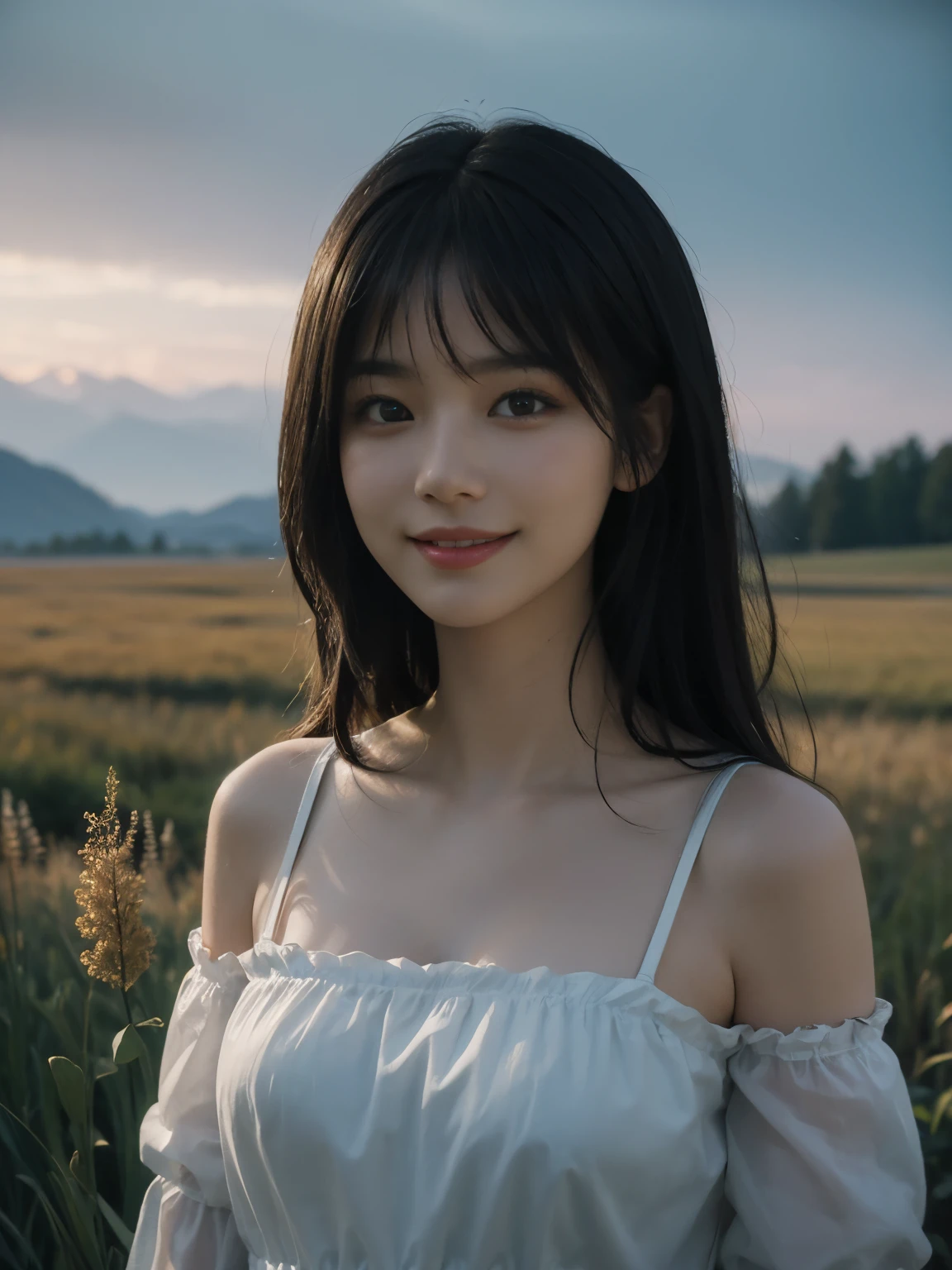 (ultra realistic), (best illustration), (increase resolution), (8K), (masterpiece), (wallpaper), solo, 1 girl, looking at viewers, black straight hair, in the dark, deep shadow, low key, pureerosfaceace_v1, happy smile, simple dress, meadow