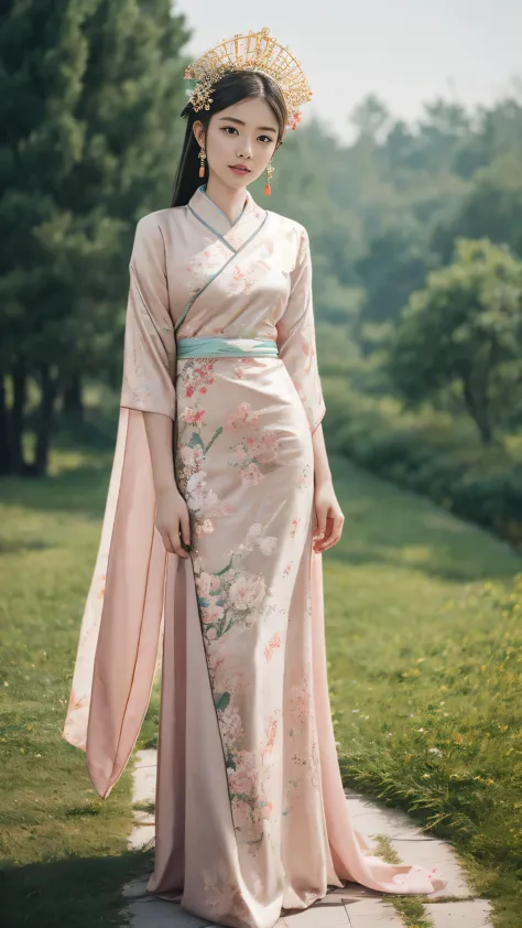 A beautiful 18-year-old Chinese girl full body portrait，Sprite appearance，Beautiful flower headdress，Detailed description，Wearin...