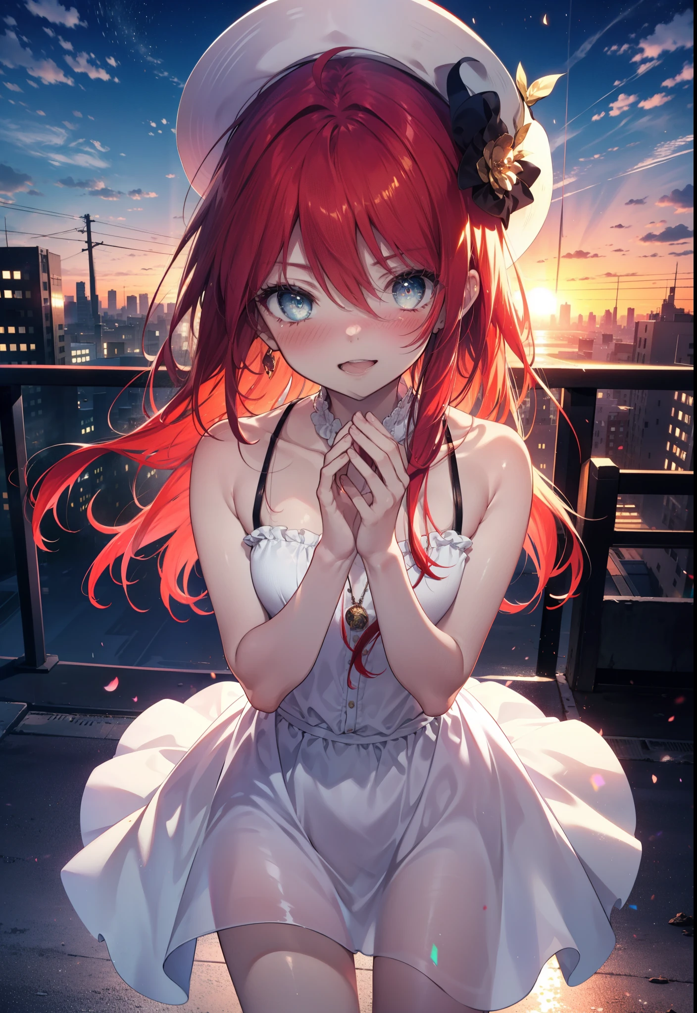 Shana,灼眼のShana,Ahoge,Long Hair,Red hair, Red eyes:1.5, Small breasts,smile,blush,Open your mouth,Sleeveless dress,Bare shoulders,bare clavicle,Bare neck,Rocket Pendant,White hat,Long skirt,Cute heeled sandals,Looking down from above,sunset,evening,The sun is setting,
break looking at viewer, (Cowboy Shot:1. 5)
break outdoors, City Street,Building district,
break (masterpiece:1.2), highest quality, High resolution, unity 8k wallpaper, (shape:0.8), (Fine and beautiful eyes:1.6), Highly detailed face, Perfect lighting, Highly detailed CG, (Perfect hands, Perfect Anatomy),