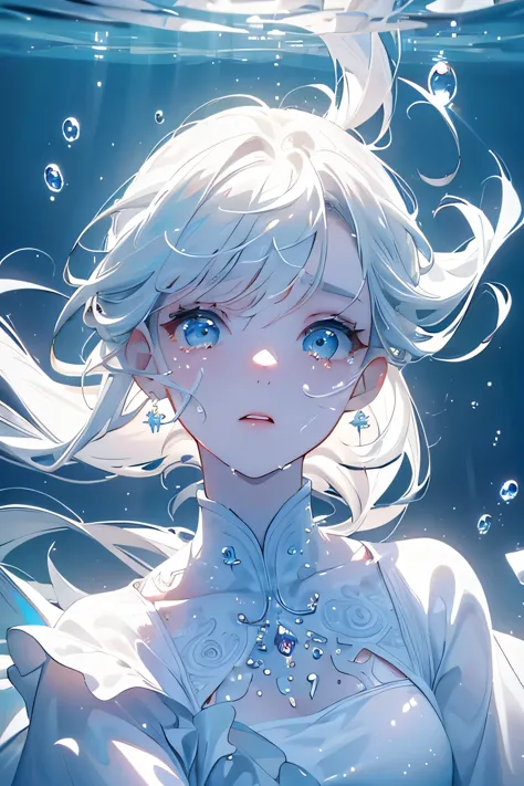 (best quality,4k,highres,masterpiece:1.2),ultra-detail,white hair,white dress,1girl,underwater,floating in waterclose-up,bright,...