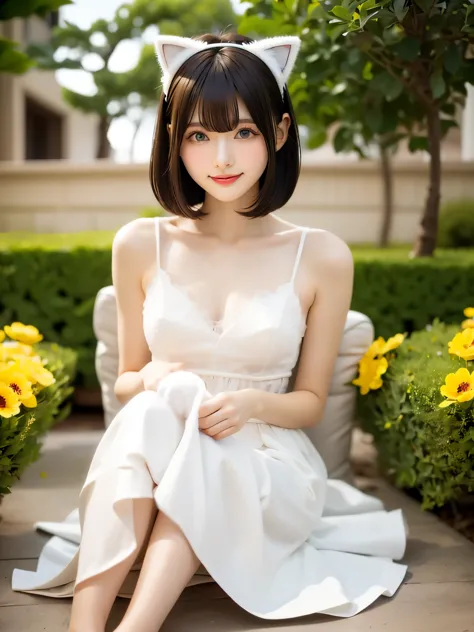 Beautiful and delicate portrait of a playful cute girl with boyish short hair, Black Hair, white Maid clothes、Cat ears on the head、 Emerald Green Sea, Mischievous Smile, Dancing Petals, full body shot , dancing ,(Highest quality become familiar with:1.2), ...