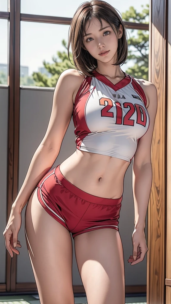 8k, RAW Photos, highest quality, masterpiece, Realistic, Photorealistic, (1 Ultimate beauty), 21 years old, Highly detailed face, (Perfect Teeth), Detailed eyes, double eyelid, eyelash, Grin, Lip details, brunette bob, Natural Breasts, ((sexy japan volleyball uniforms)), ((red sexy gym shorts))Soft Light, ((Written boundary depth)) 、Shot in the back、Total、Stick your butt out、With legs open、Slender body、Inverted nipples, volleyball coat,