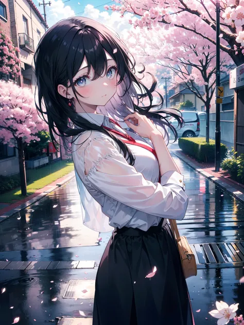 A girl，Long hair,Beautiful and delicate eyes，fluttering eyelashes，Solitary，on the street，There are cherry blossoms on the side o...