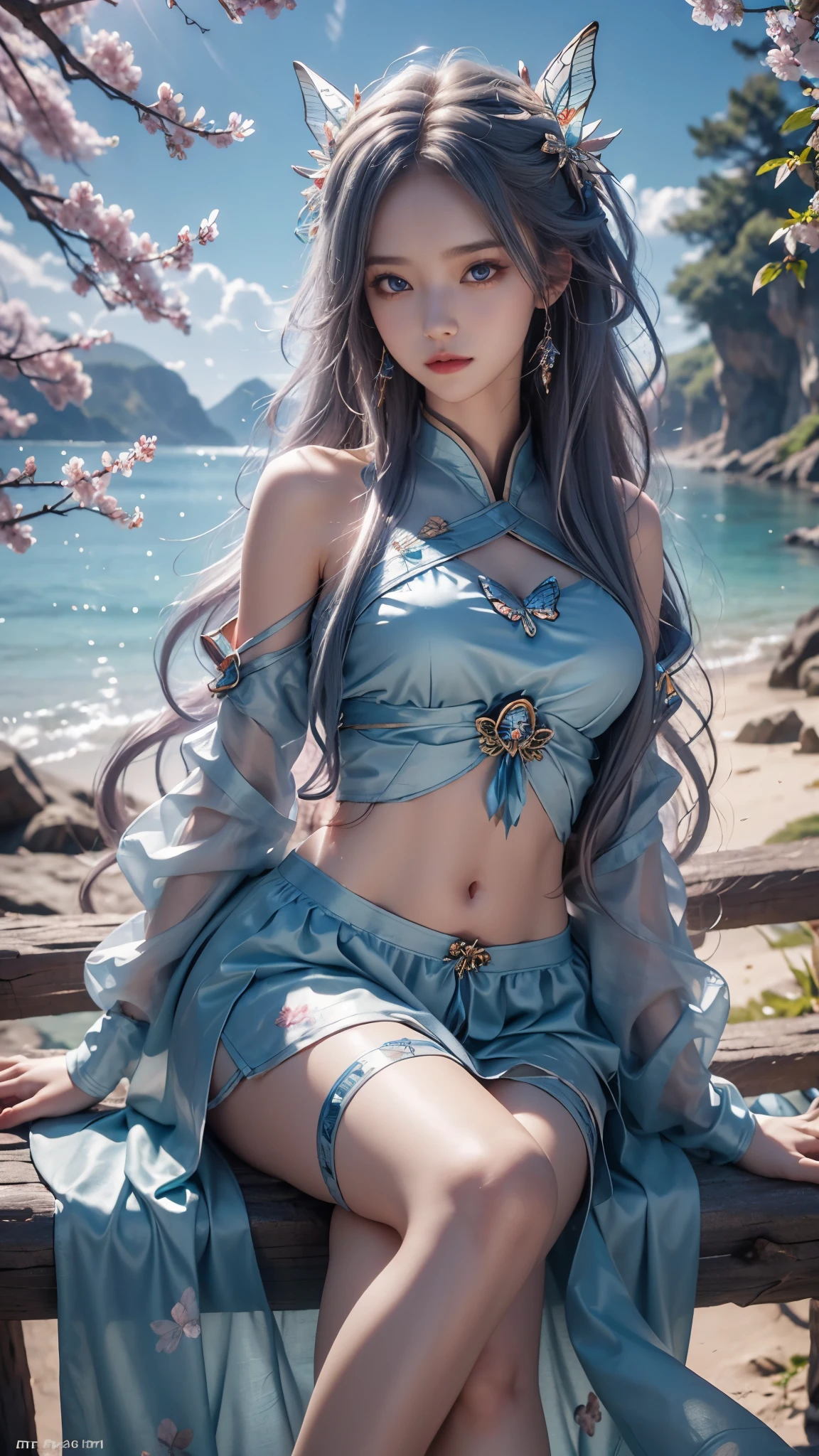 8K, ultra hd, masterpiece, 1 girl, perfect face, close legs, very long curly hair, detailed eyes, simple clothing, gradient blue clothing, bare waist, jwellery, waterside, Realistic scenery, epic scenery, sun rising, evening, clouds, Butterfly, cherry blossom, blowing wind,