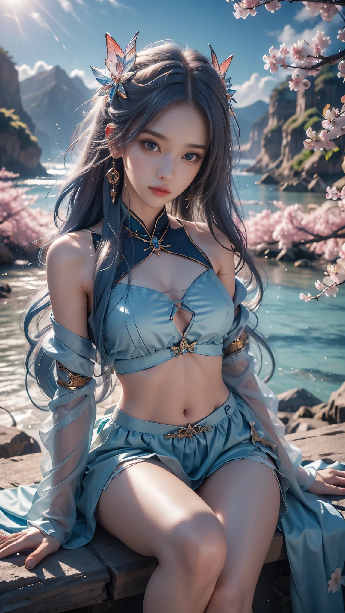 8K, ultra hd, masterpiece, 1 girl, perfect face, close legs, very long curly hair, detailed eyes, simple clothing, gradient blue clothing, bare waist, jwellery, waterside, Realistic scenery, epic scenery, sun rising, evening, clouds, Butterfly, cherry blossom, blowing wind,