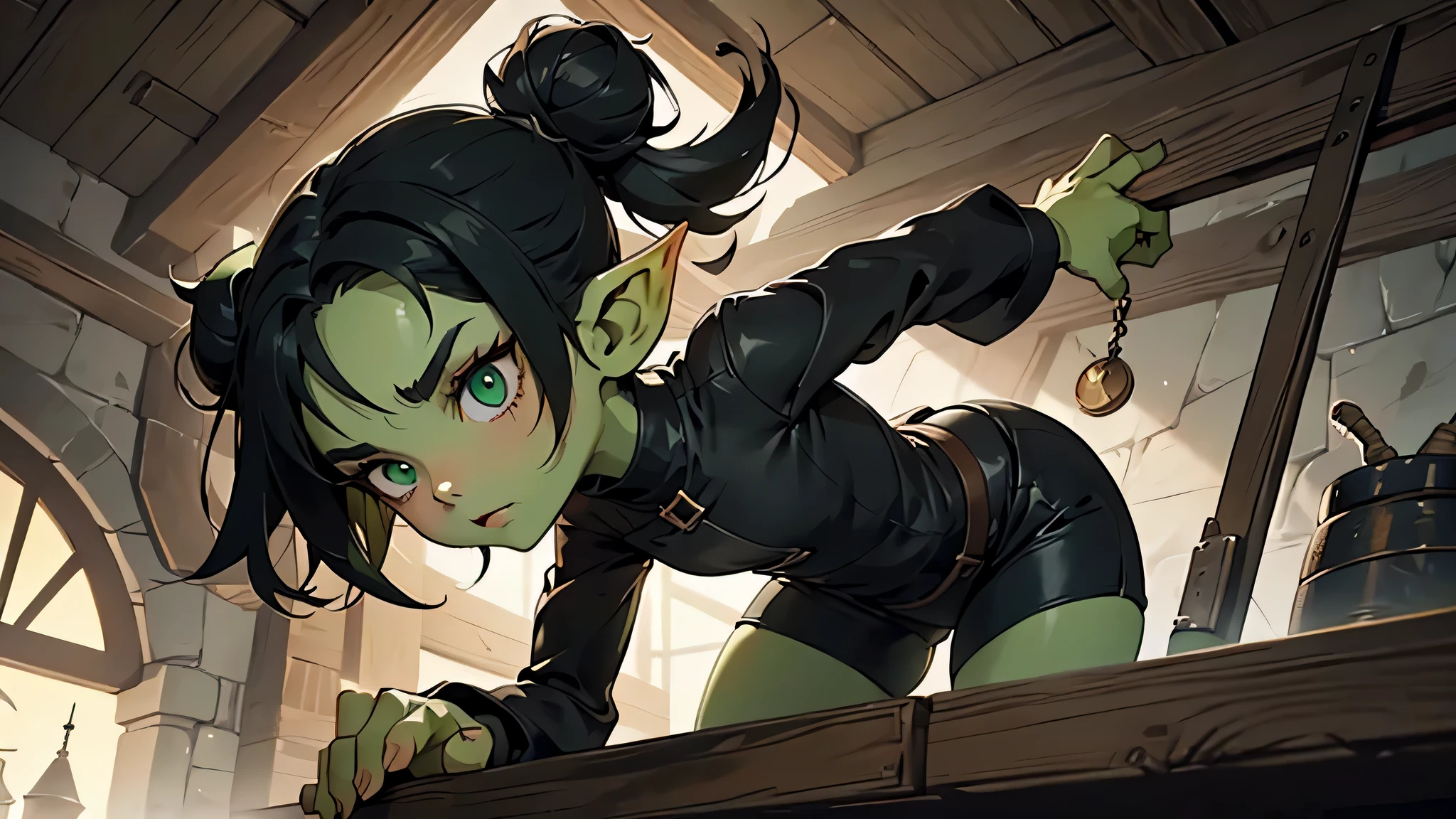 Best god quality, detailed, perfect anatomy, little goblin girl, goblin in thief outfit, rouge, night, house, it is night time, pointy ears, long ears, green skin, she has black hair, high camera angle, cute, big green eyes, looking at camera, black hair buns, black hair, green goblin, home interior at night, night time, indoors, looking up, cute, adorable, solo, emerald eyes, thief body suit, rogue outfit, at night, black clothes, shirt, clothed, socks, black hair, young, goblin, cute goblin, goblin girl, female goblin, standing, looking upward, thigh highs, black socks, mischievous look, excited expression, smug, (((SOLO))), (girl in middle)