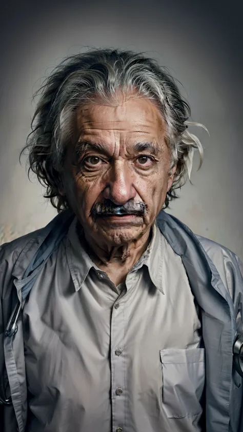 Realistic, high-quality epic art of an old man who looks like Albert Einstein straight and wearing a doctor's outfit