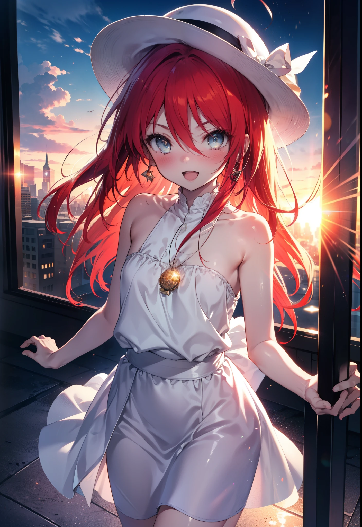 Shana,灼眼のShana,Ahoge,Long Hair,Red Hair, Red eyes, Small breasts,smile,blush,Open your mouth,Sleeveless dress,Bare shoulders,bare clavicle,Bare neck,Rocket Pendant,White hat,Long skirt,Cute heeled sandals,Looking down from above,sunset,evening,The sun is setting,
break looking at viewer, (Cowboy Shot:1. 5)
break outdoors, City Street,Building district,
break (masterpiece:1.2), highest quality, High resolution, unity 8k wallpaper, (shape:0.8), (Fine and beautiful eyes:1.6), Highly detailed face, Perfect lighting, Highly detailed CG, (Perfect hands, Perfect Anatomy),