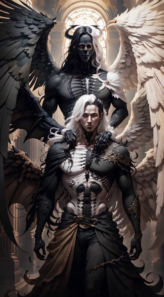 (best quality:1.2, highres), (masterpiece:1.3, ultra-detailed), (sharp focus, vivid colors), realistic, Unity wallpaper 10, absurd, skeleton, 1 handsome man, (long straight hair, long and handsome), heterochromia, white hair, black hair, angel, demons, white wings, black wings