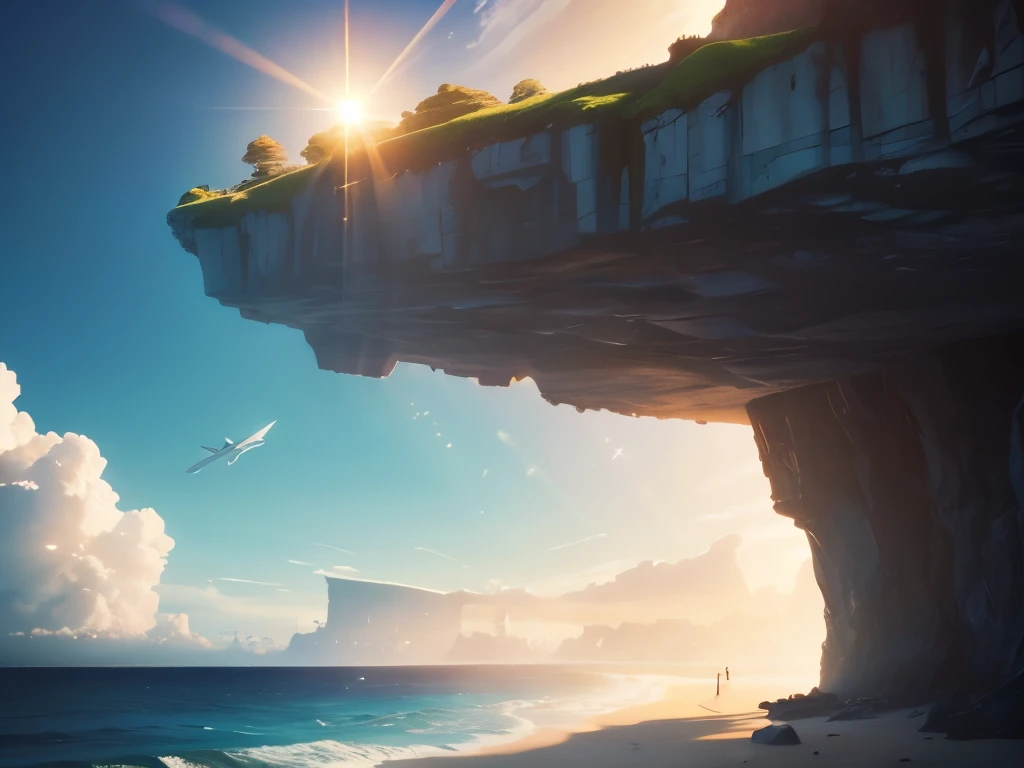 blue coastscenery on blue coast. Ocean, horizon, cliffs, beach, clouds, sun rays. There is a massive space ship in the air, reflecting in the sea. Ray tracing effect, high details, 8k 